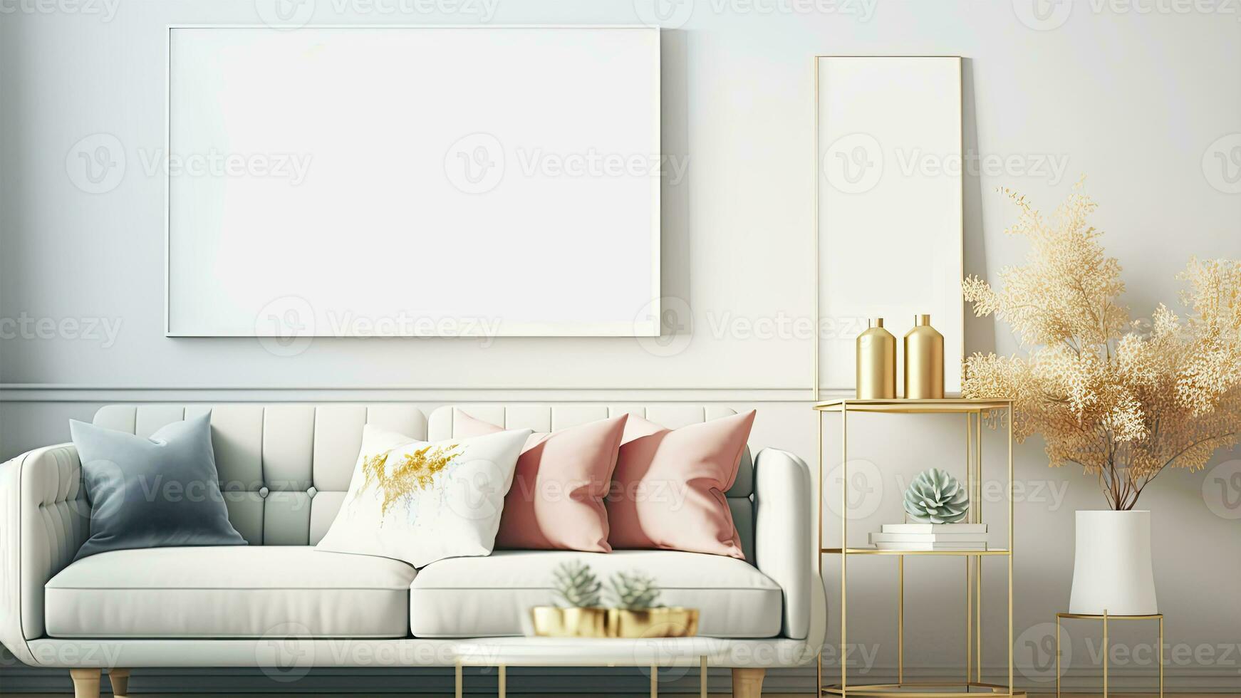 3D Render of Minimalist Living Room Interior Mockup With Velvet Cushions On Lounger Sofa And Image Placeholder Frames On Wall. photo