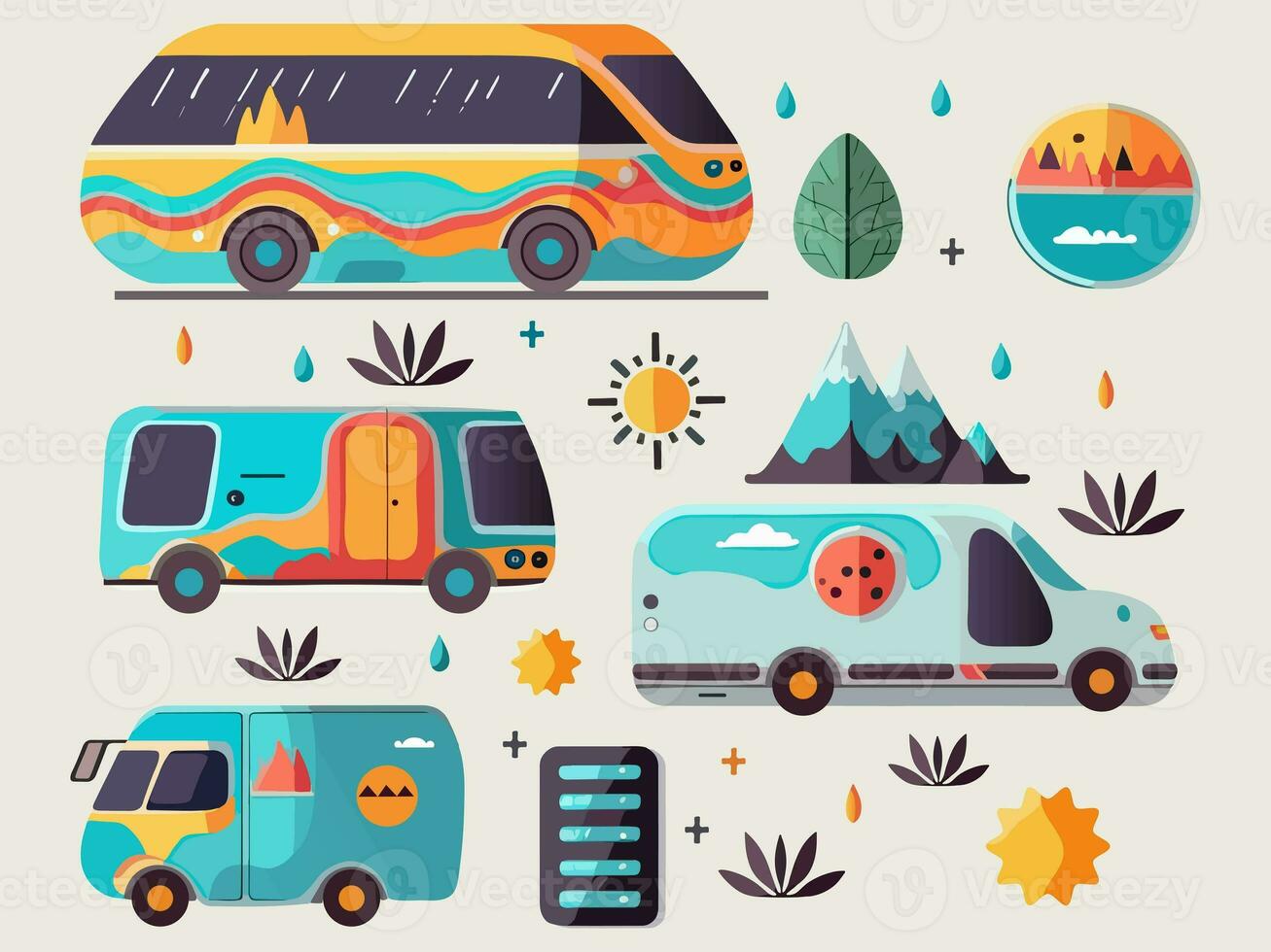 ilustración de eléctrico autobús icono conjunto con sol, montaña, plantas elemento en beige antecedentes. foto