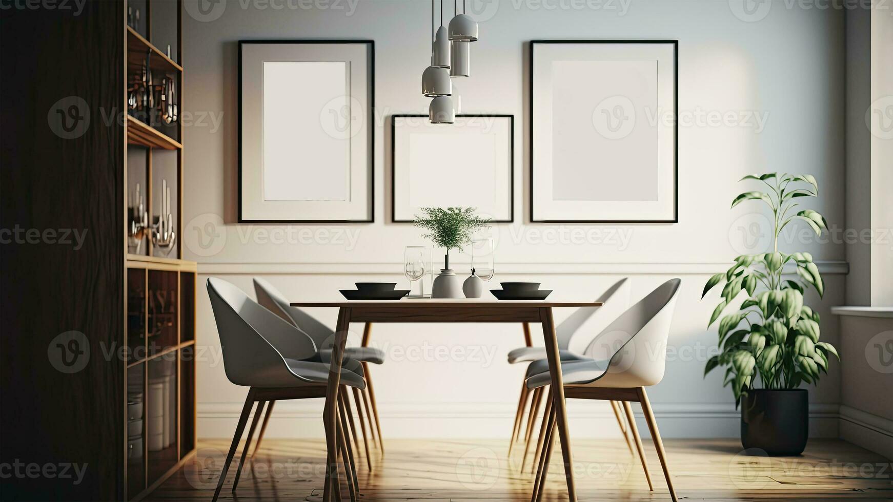 Dining Room Interior Mockup With Wooden Table, Chairs, Plant Pots And Image Placeholder Frames Hanging On Wall. 3D Rendering. photo