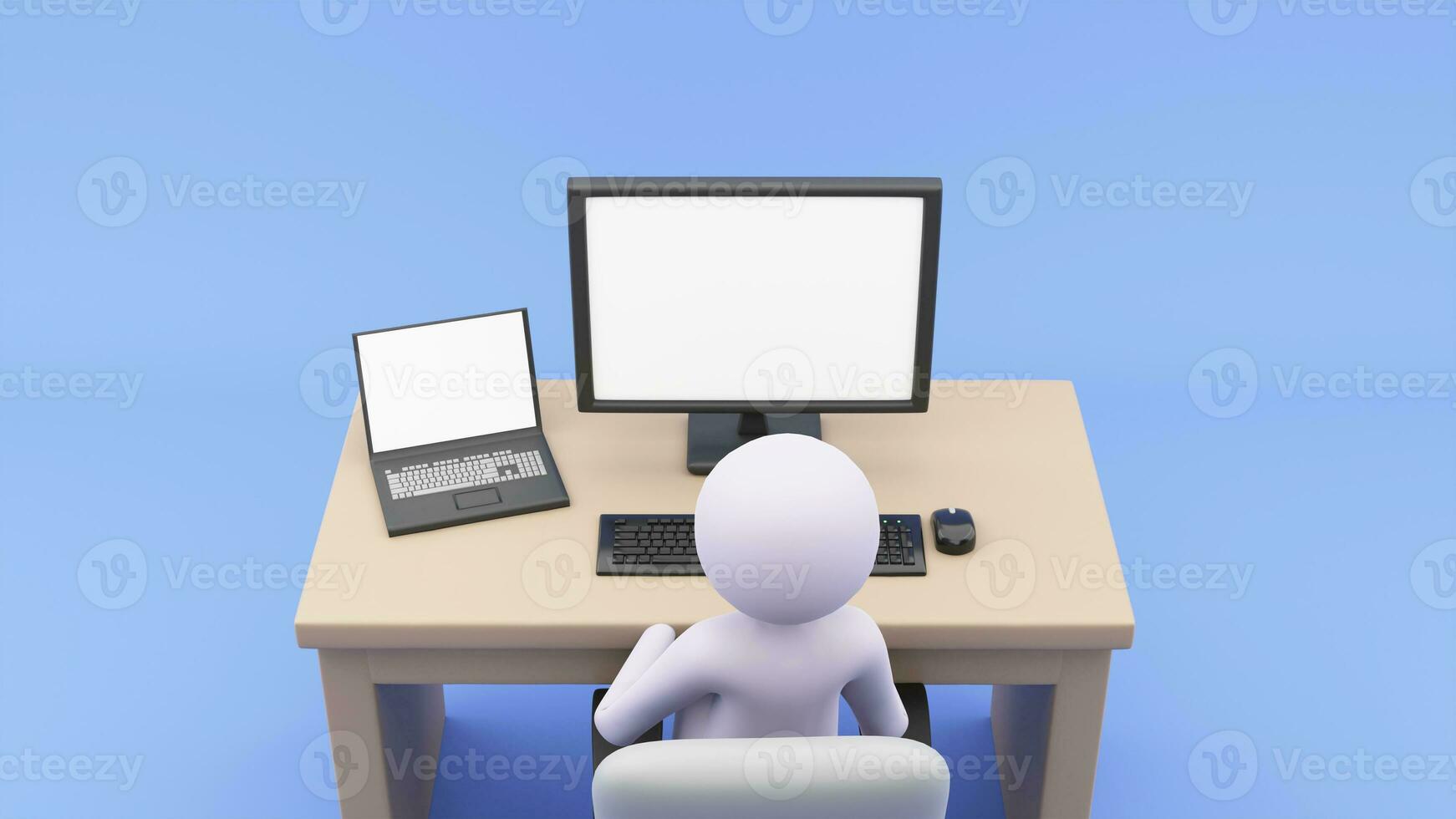 3D Render of Human Character Sitting At Workplace On Blue Background. photo