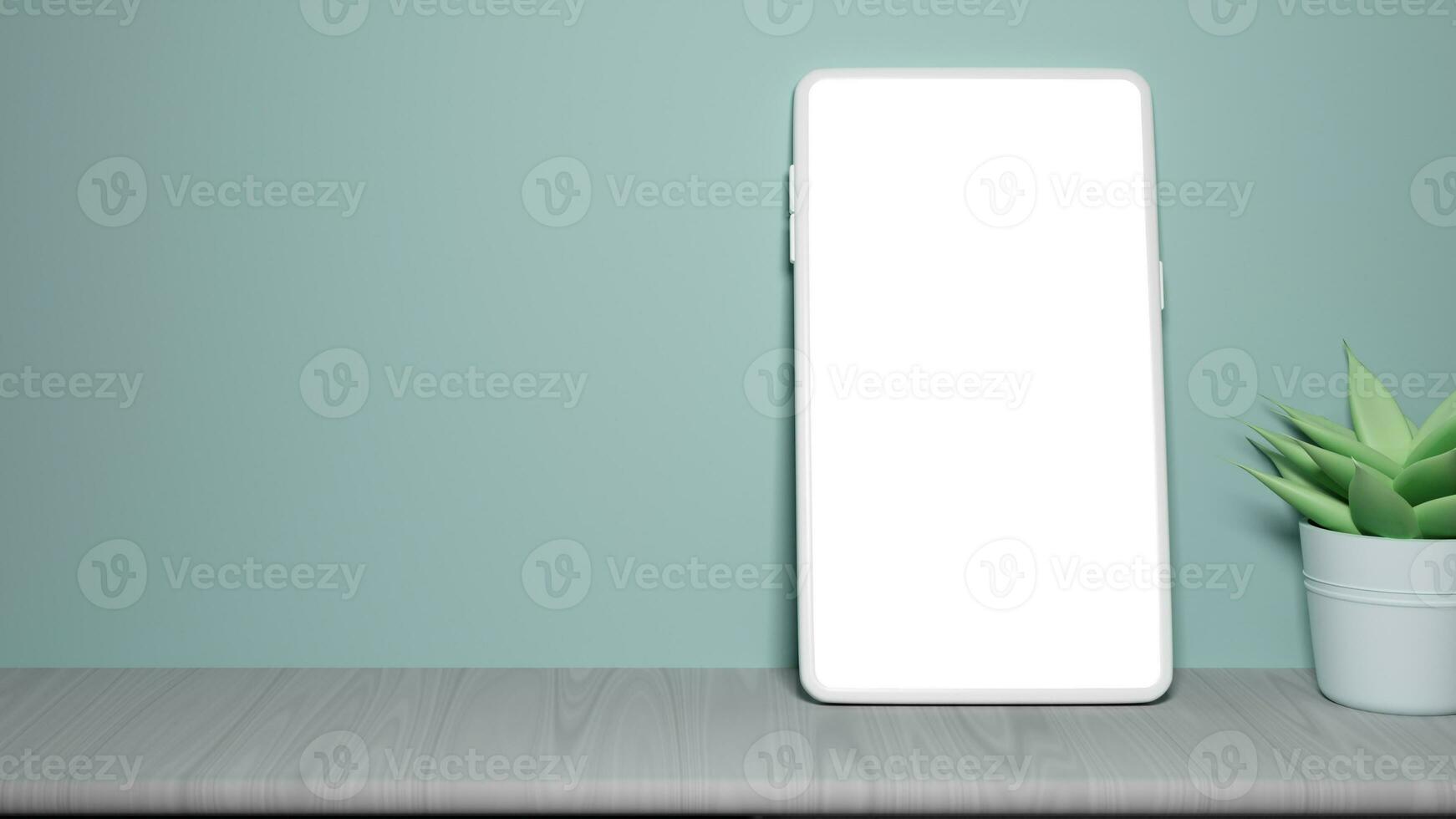 3D Render of Blank Smartphone Screen Mockup With Aloe Vera Plant Pot And Copy Space. photo