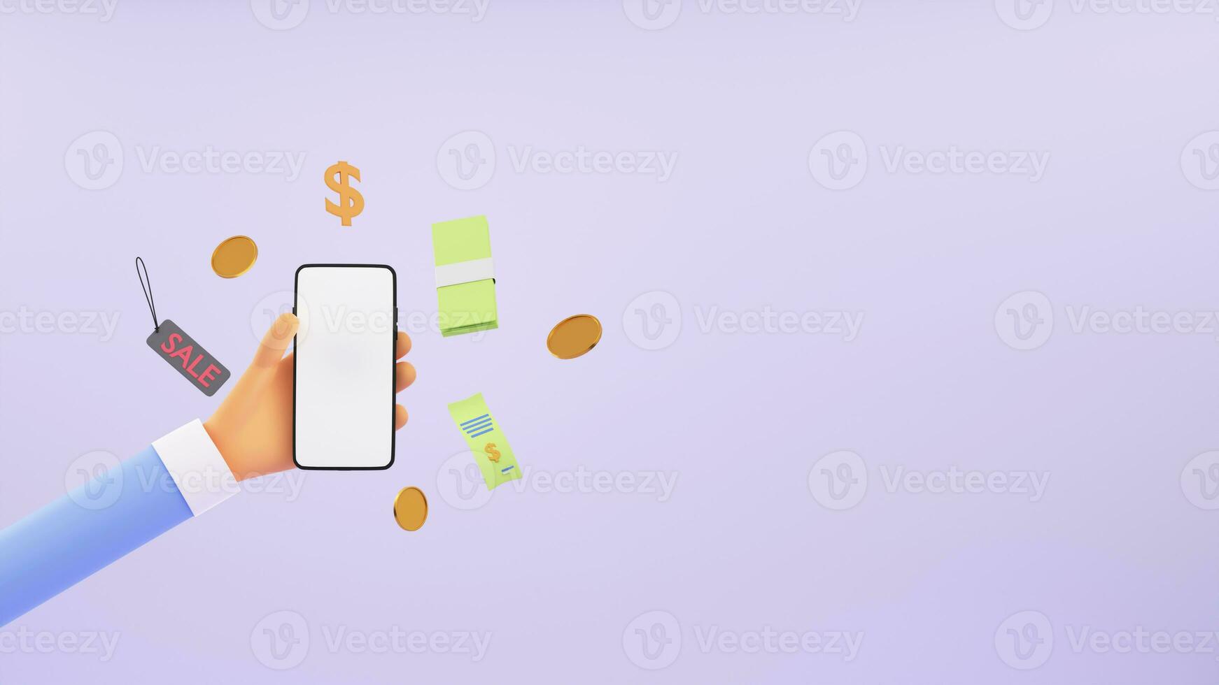 3D Render of Human Hand Showing Blank Smartphone Screen With Sale Tag, Billing, Currency And Copy Space. photo