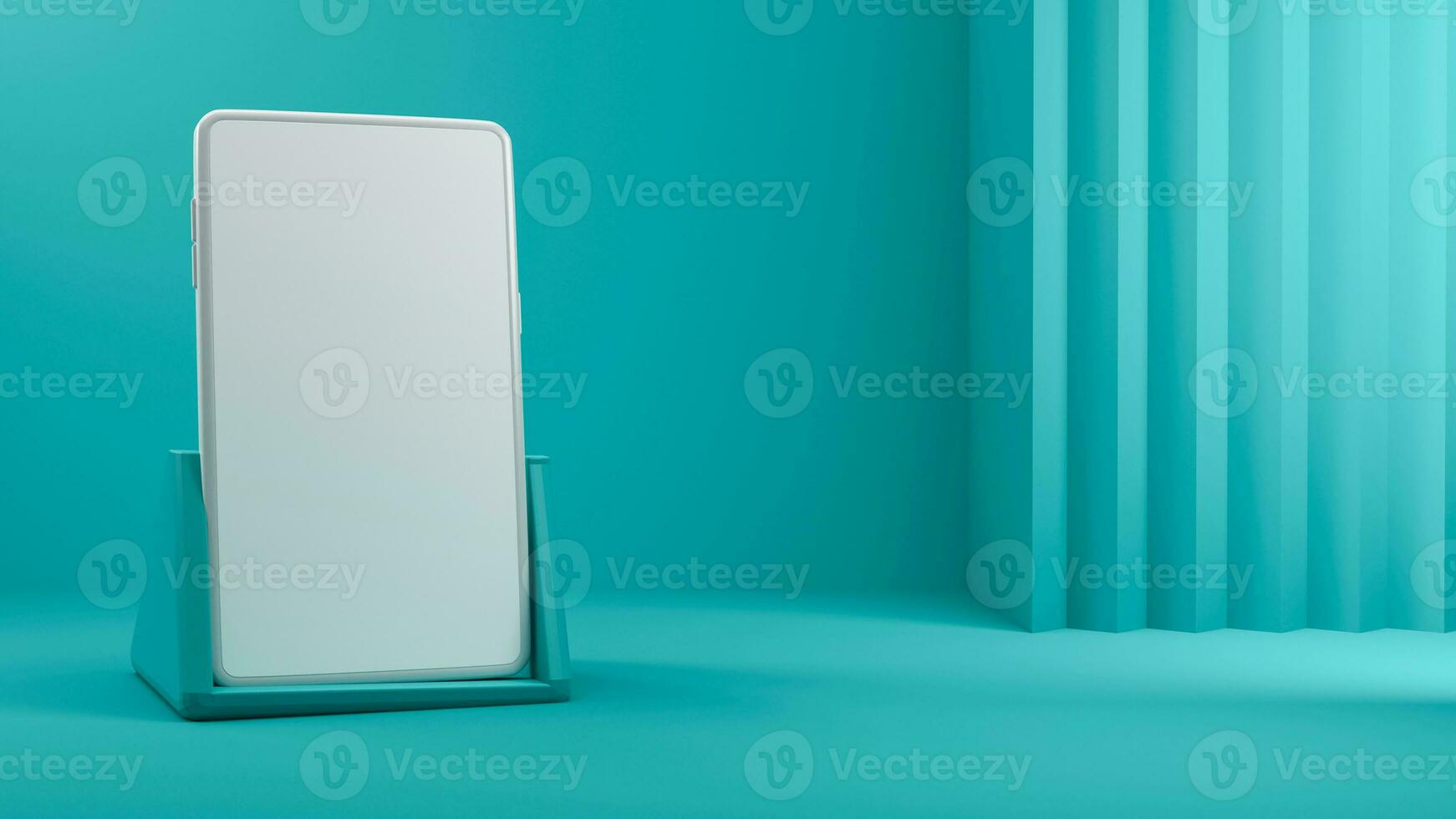 3D Render of Smartphone Mockup On Stand Holder Against Turquoise Wall Panelling Background. photo