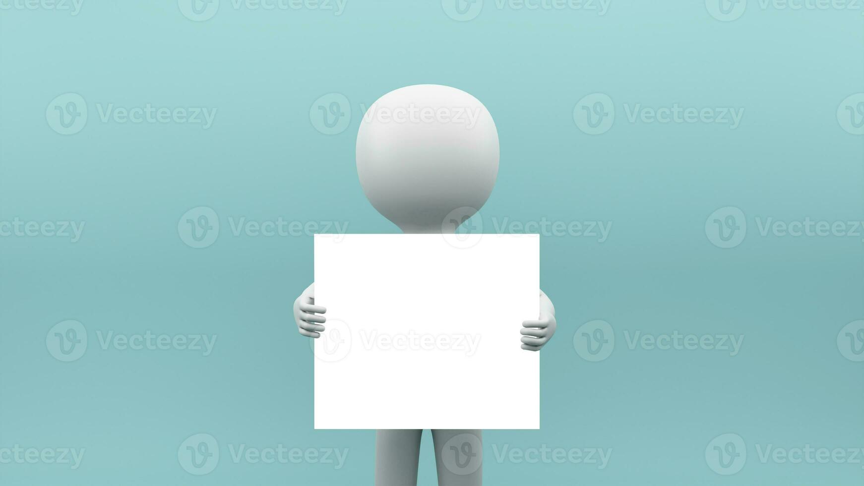 3D Render Of Human Presenter Holding Empty White Paper Against Pastel Turquoise Background. photo