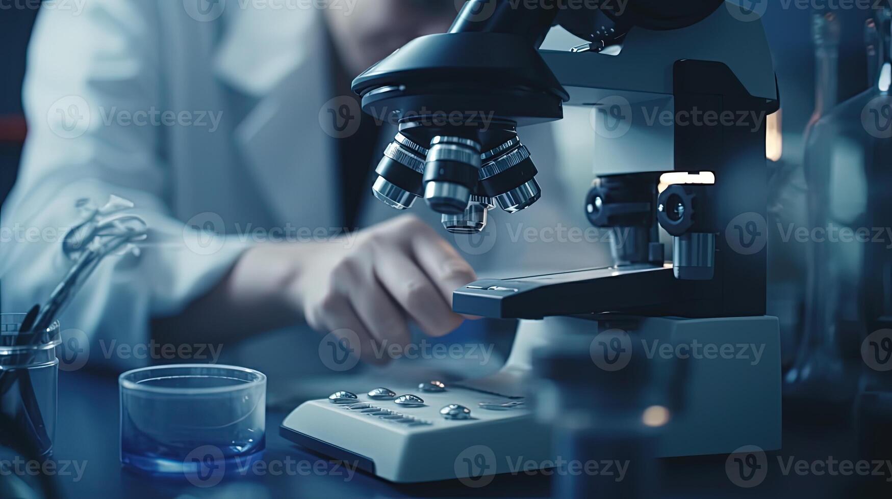 de cerca de científico manos con microscopio, profesional médico examinando muestras a médico laboratorio. concepto de científico y cuidado de la salud investigación. generativo ai tecnología. foto