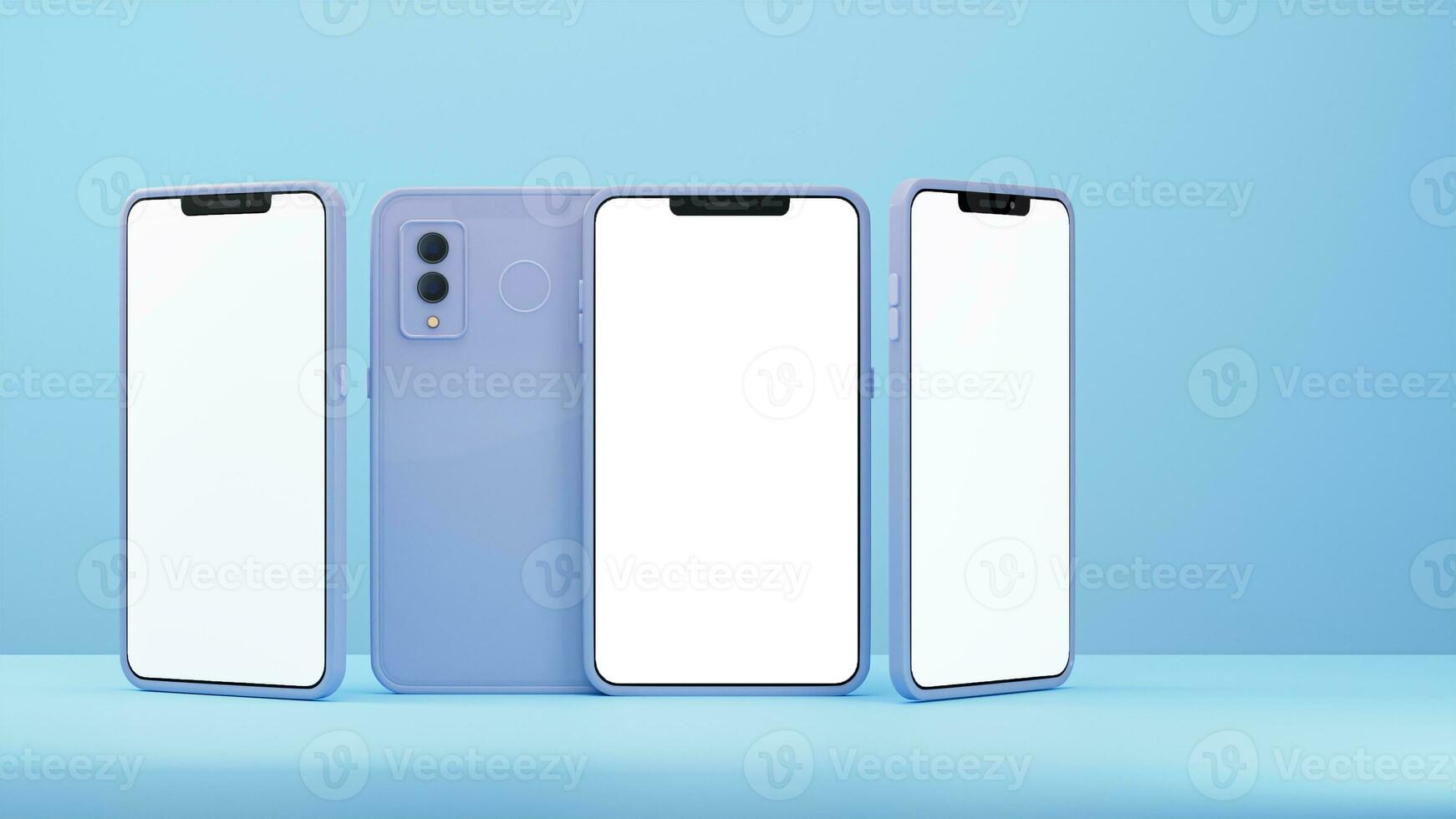 3D Render of Blank Multi Screen Smartphone Mockup With Double-Side Against Blue Background. photo