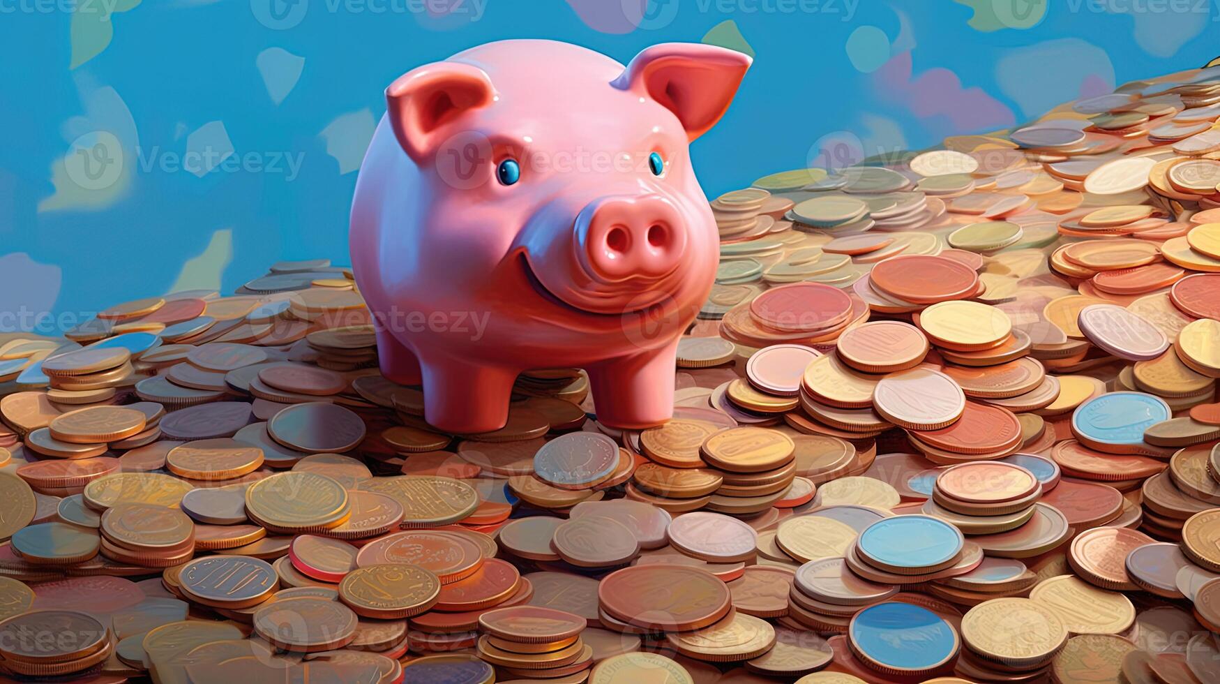 A Piggy Bank Sits Tap of Heap Coins Illustration. Saving Money or Finance for the Secure Future. . photo