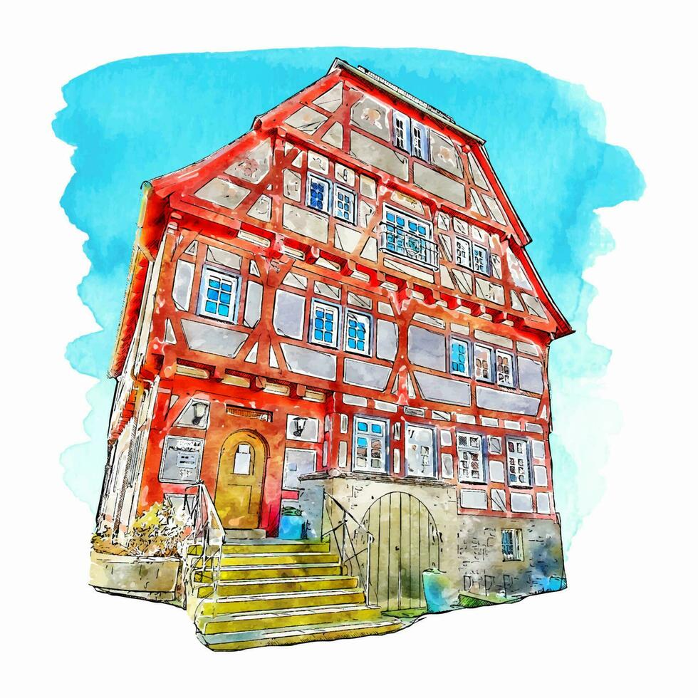 Architecture hessigheim germany watercolor hand drawn illustration isolated on white background vector
