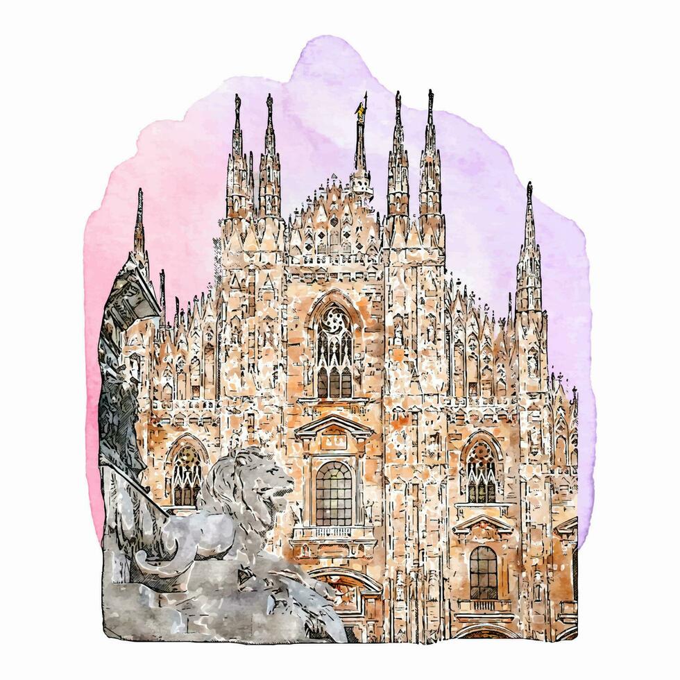 arquitectura Milán catedral Italia acuarela mano dibujado ilustración aislado en blanco antecedentes vector