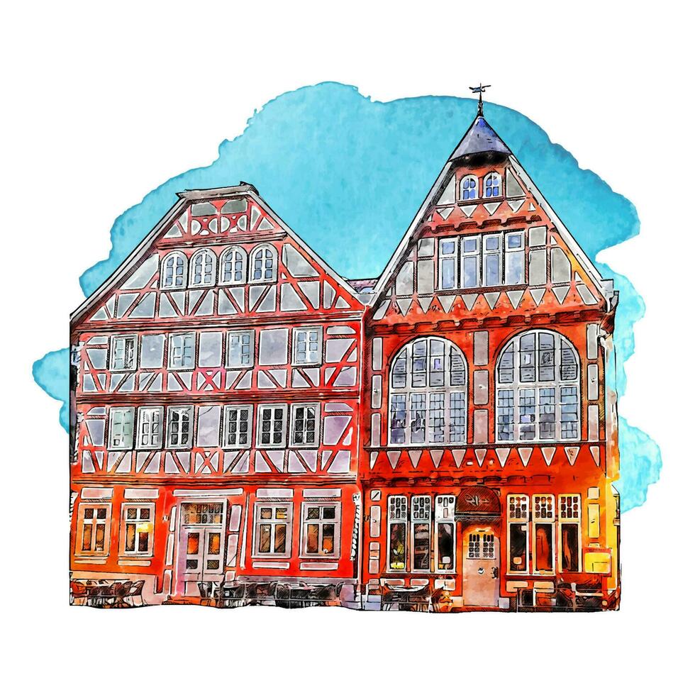 Architecture fritzlar germany watercolor hand drawn illustration isolated on white background vector