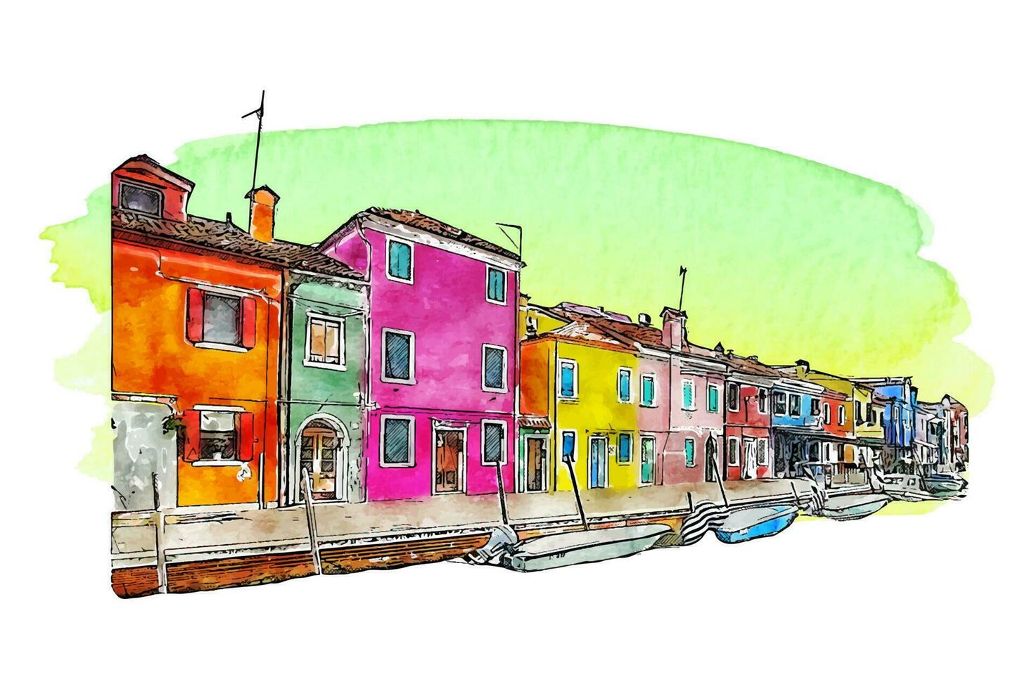 Burano veneto italy watercolor hand drawn illustration isolated on white background vector