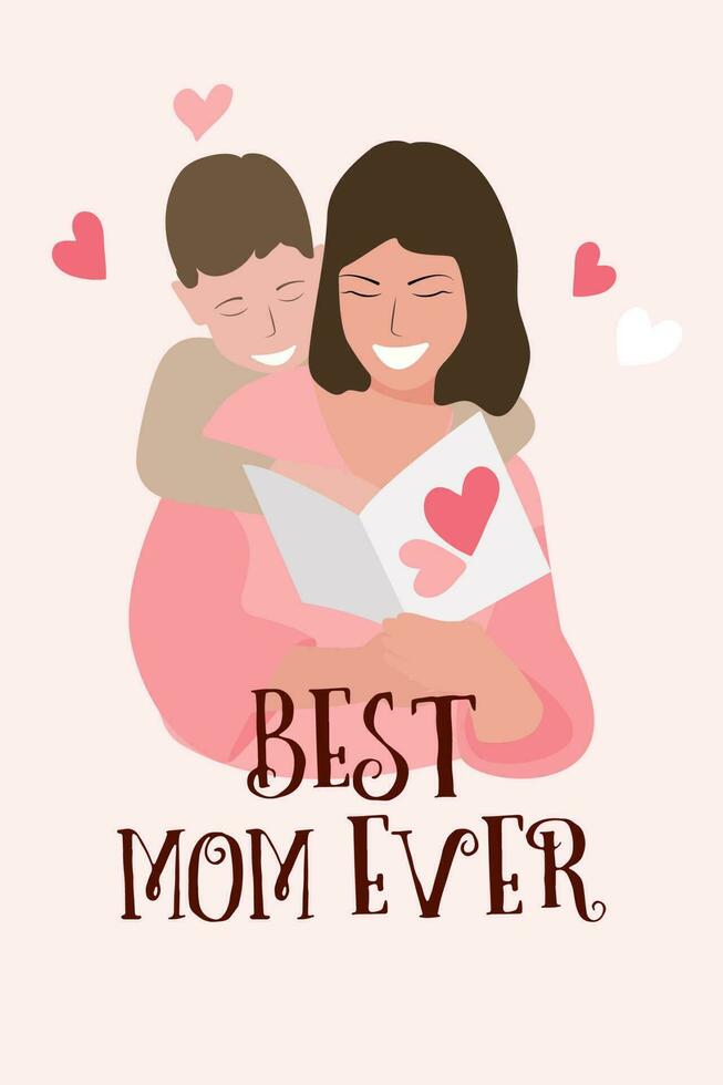 mamá con hijo, caligráfico texto. mano dibujado vector ilustración. decorativo fiesta tarjeta.