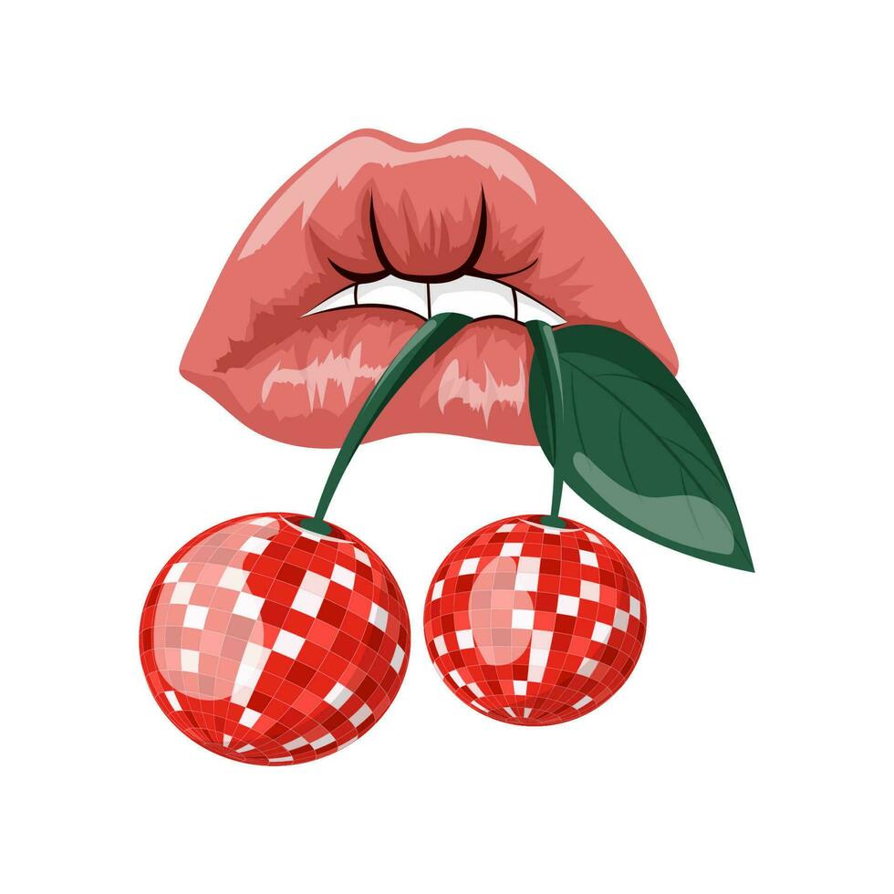 Lips with cherry in 80s-90s cartoon style in vector.Illustration isolated. Vector illustration