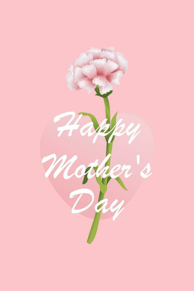 Happy mother's day. Festive card with realistic pink carnation and heart. Vector stock illustration
