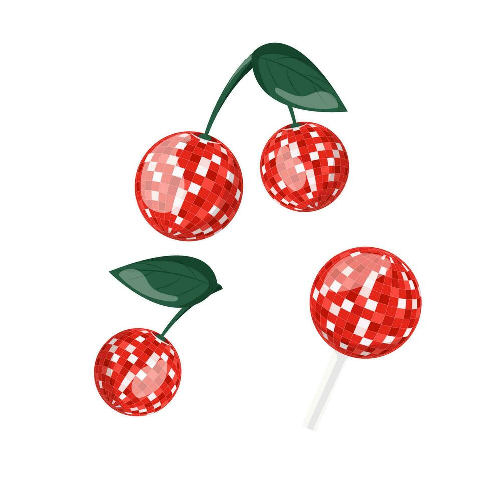 Lollipop and cherries in 80s-90s cartoon style in vector.Illustration isolated. Vector illustration