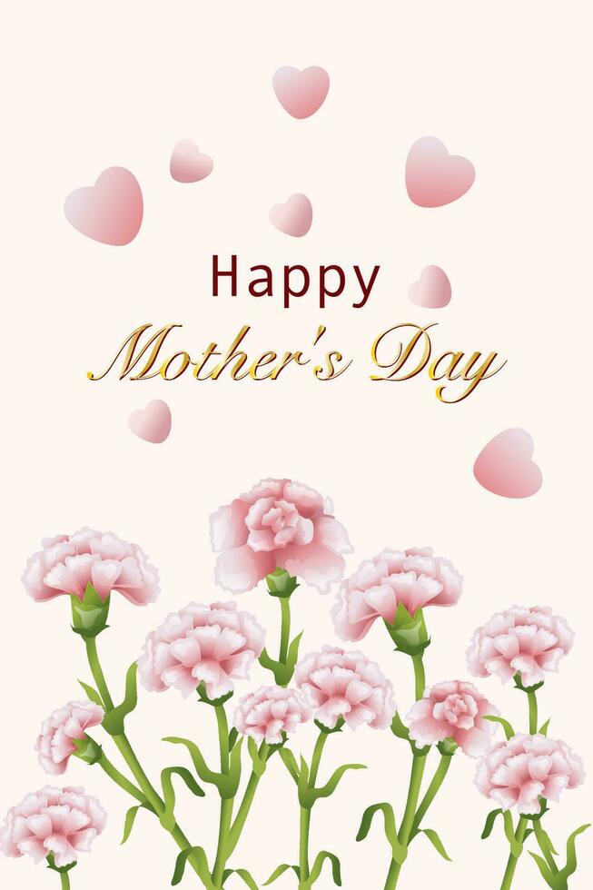 Happy mother's day. Festive card with realistic pink carnation flowers and hearts. Vector stock illustration