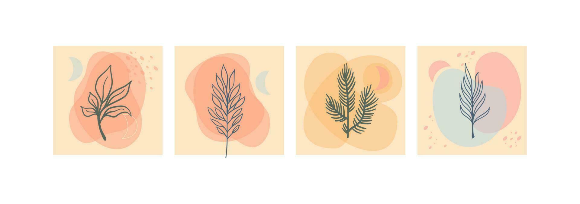 Set of abstract foliage wall art. Leaves, organic shapes, leaf branch, tree in vector line art style.  Decoration collection design for interior, poster, cover, banner.