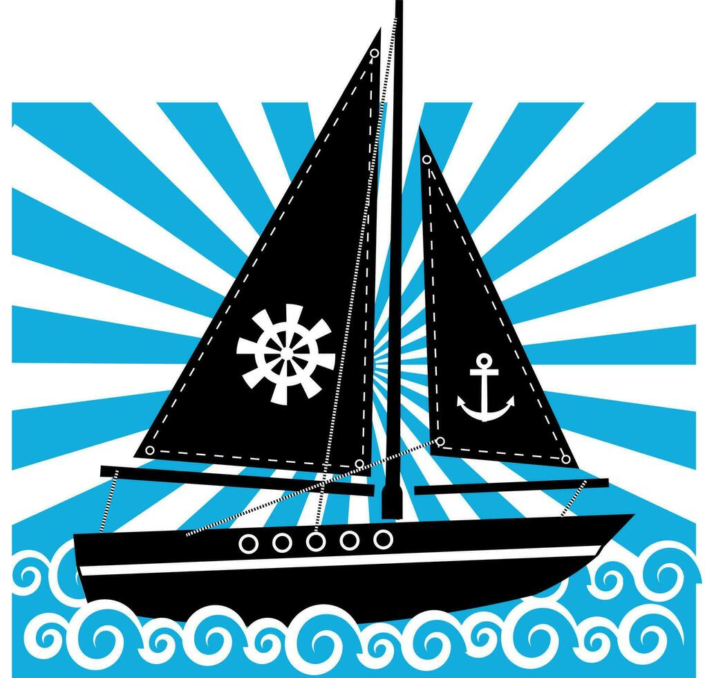 Boat On Rough Sea, Isolated Background. vector