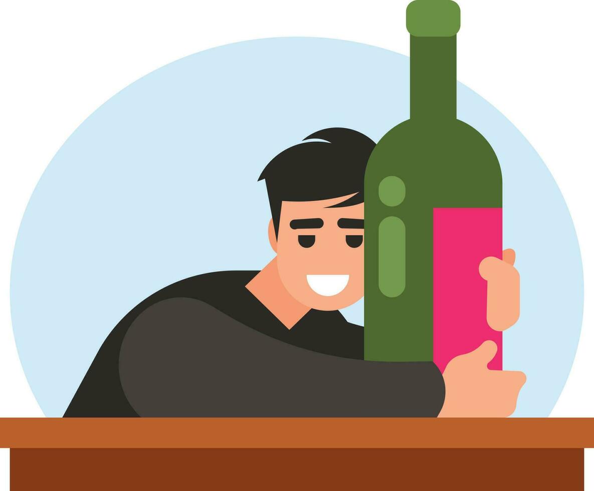 Drunkard Hugs A Bottle, Isolated Background. vector