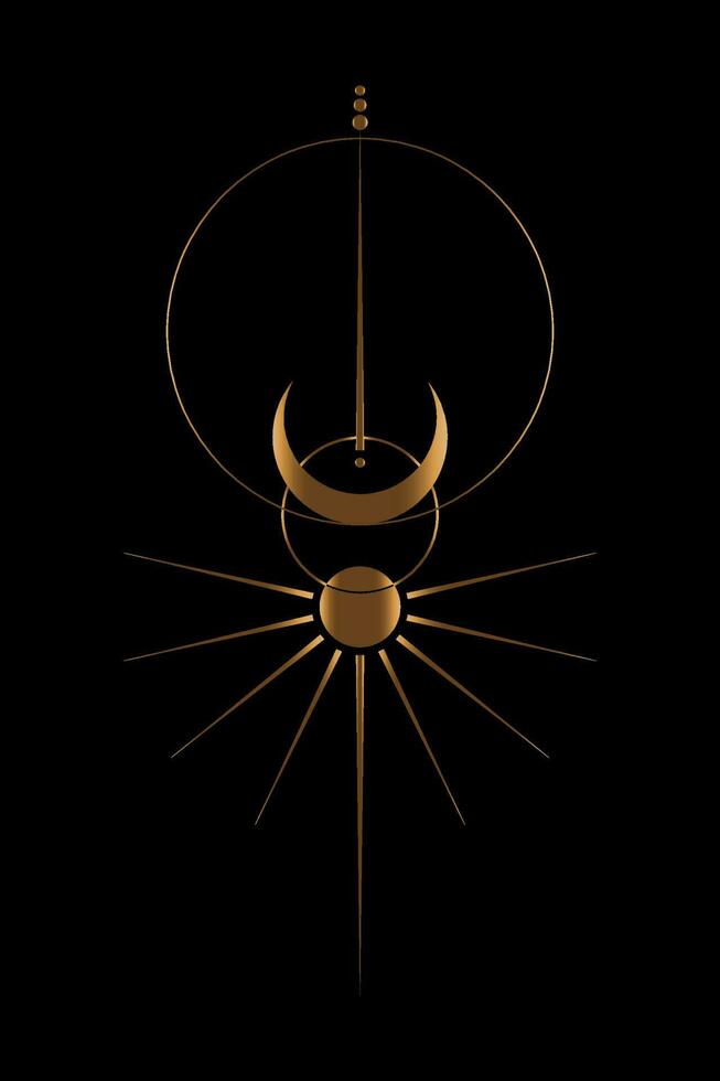 Gold Sun and crescent moon vintage line art clipart. Golden Wicca Outline logo. Mystical Sacred geometry, magic pagan Wiccan goddess and god symbol. Vector sign illustration isolated black background