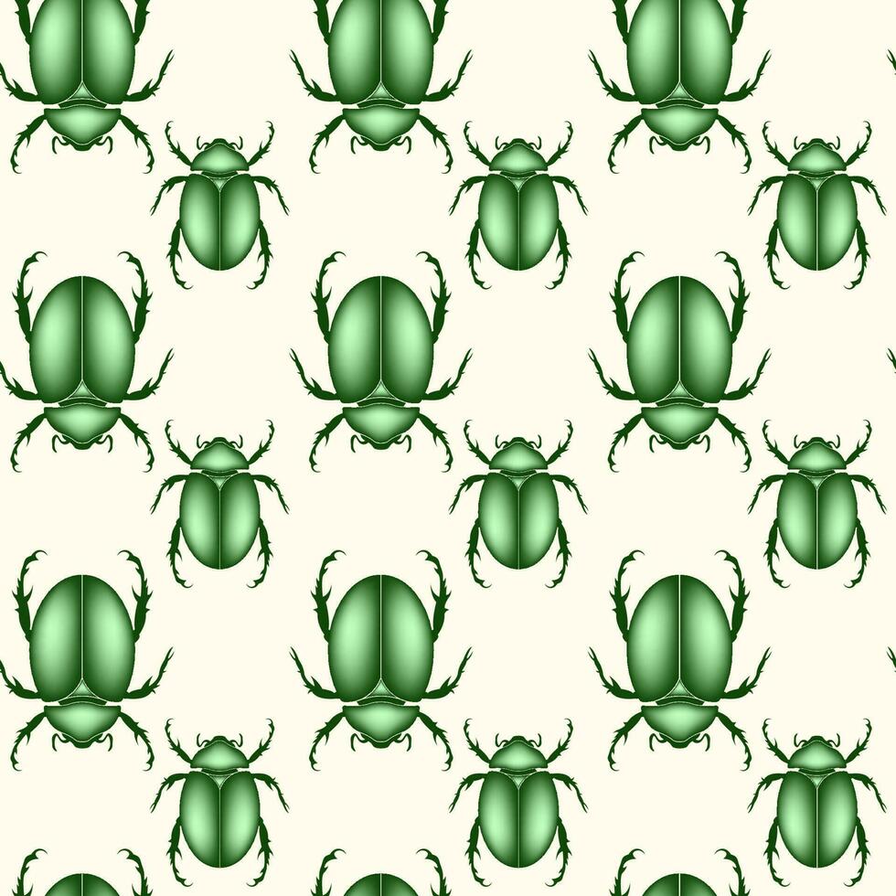 seamless pattern of a scarab beetles, vector insect in shiny green color isolated on a white vintage background