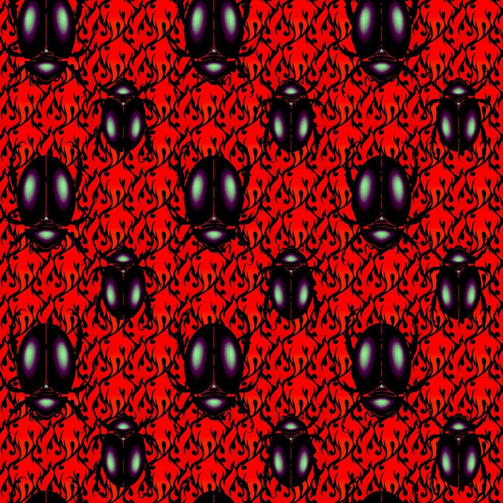 seamless pattern of a scarab beetles, vector insect in shiny black color isolated on a red vibrant color floral background
