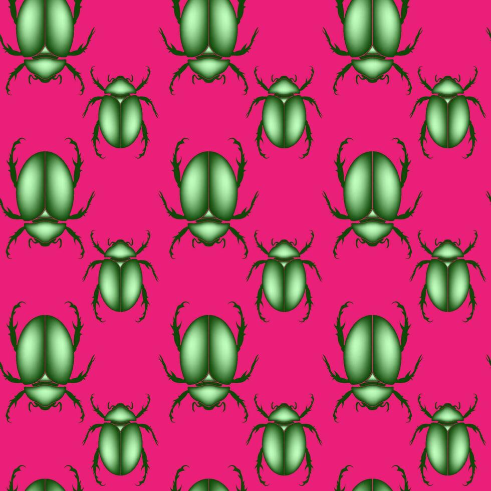 seamless pattern of a scarab beetles, vector insect in shiny green color isolated on a pink vibrant color background