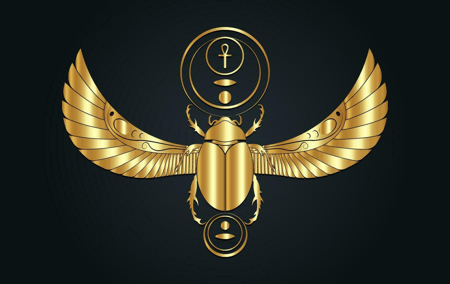 Gold egyptian sacred Scarab wall art design. Beetle with wings. Vector illustration golden logo, personifying the god Khepri. Luxury symbol of the ancient Egyptians. Isolated on black background