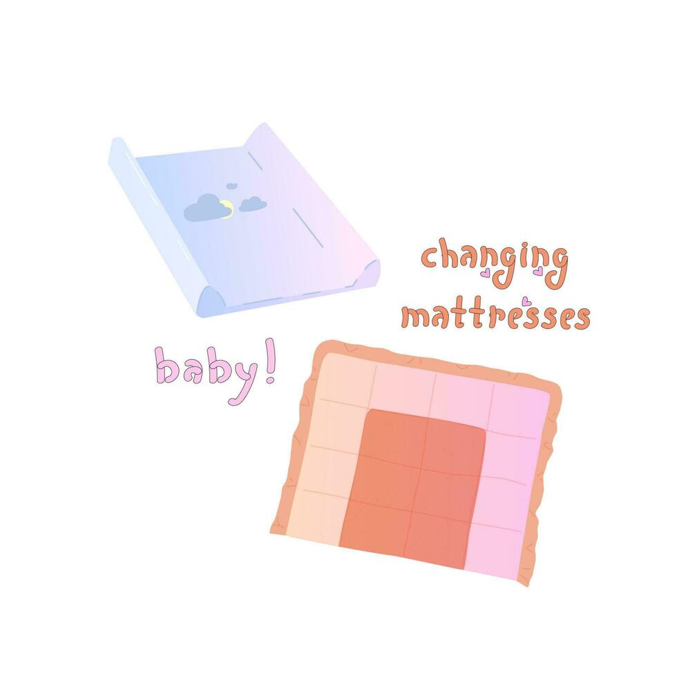 bebé cambiando colchón. letras en para niños estilo. vector ilustración.