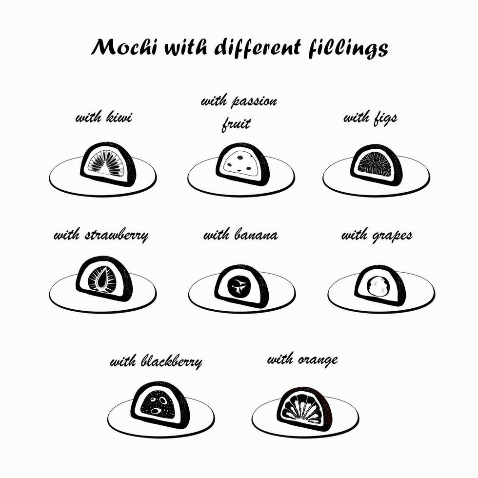 Mochi with different fillings inside. With kiwi, with orange, with strawberries, with figs, with banana. Vector black and white illustration.