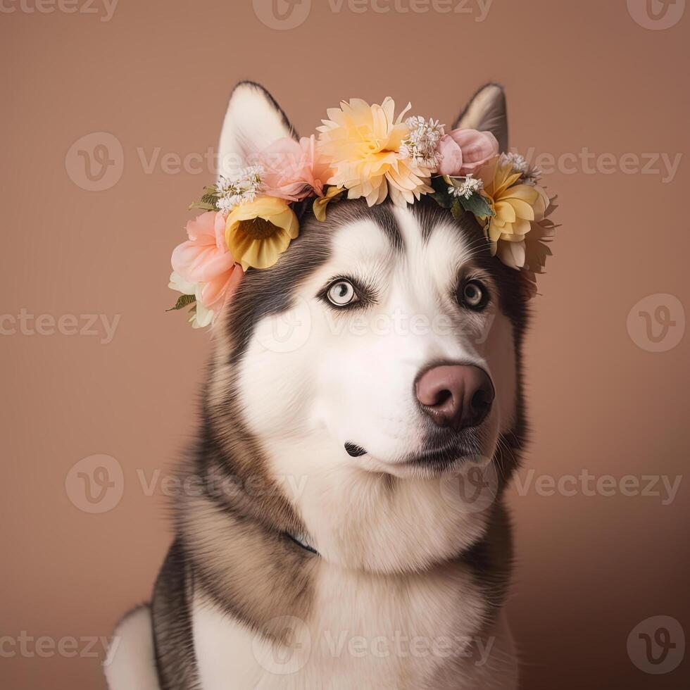 Husky wearing flower crown on brown background. Realistic portrait. photo