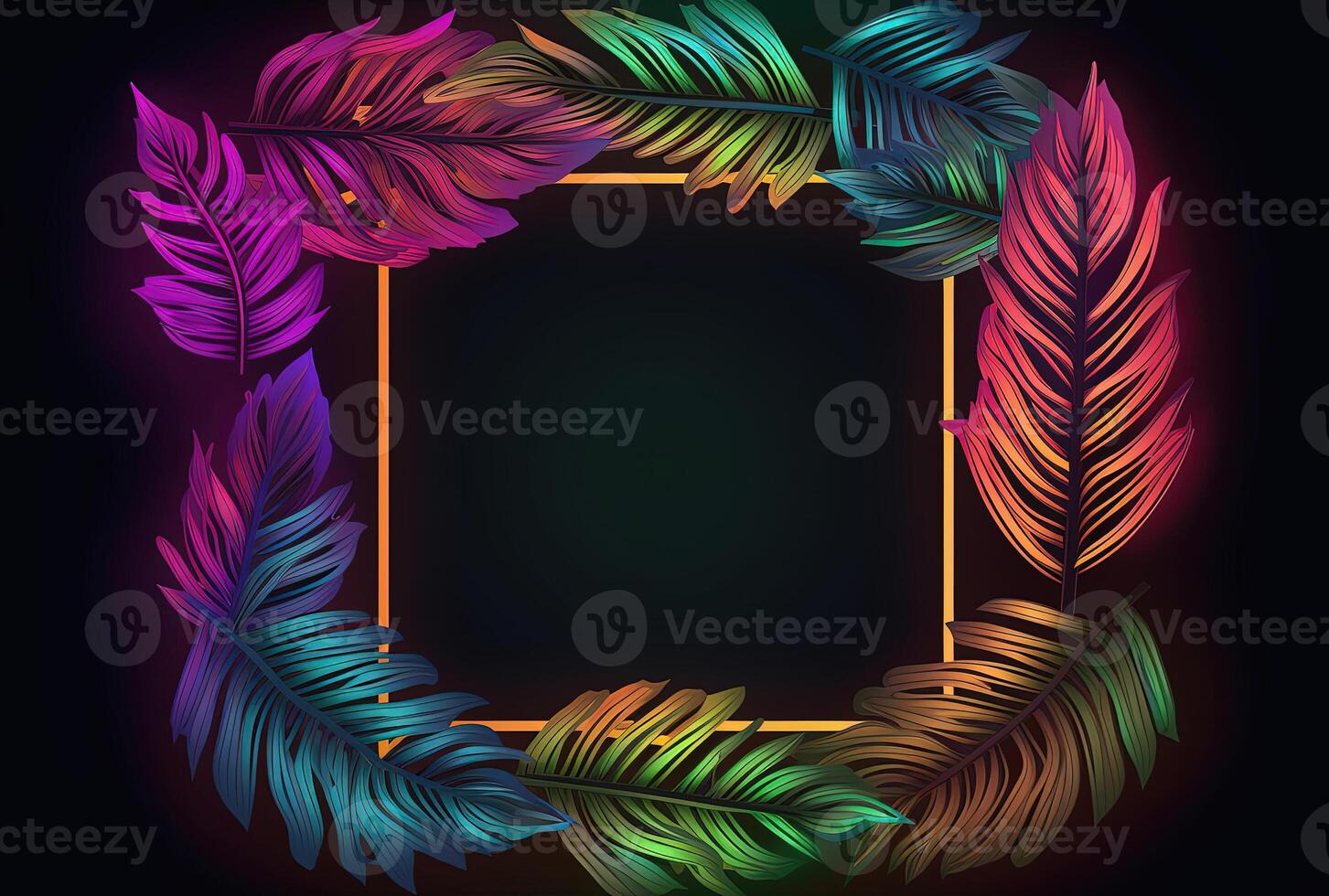 Gold frame surrounded by neon tropical leaves, mockup for product presentation. photo
