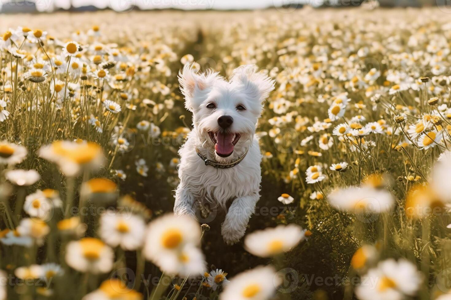 Happy dog running through flower field. photo