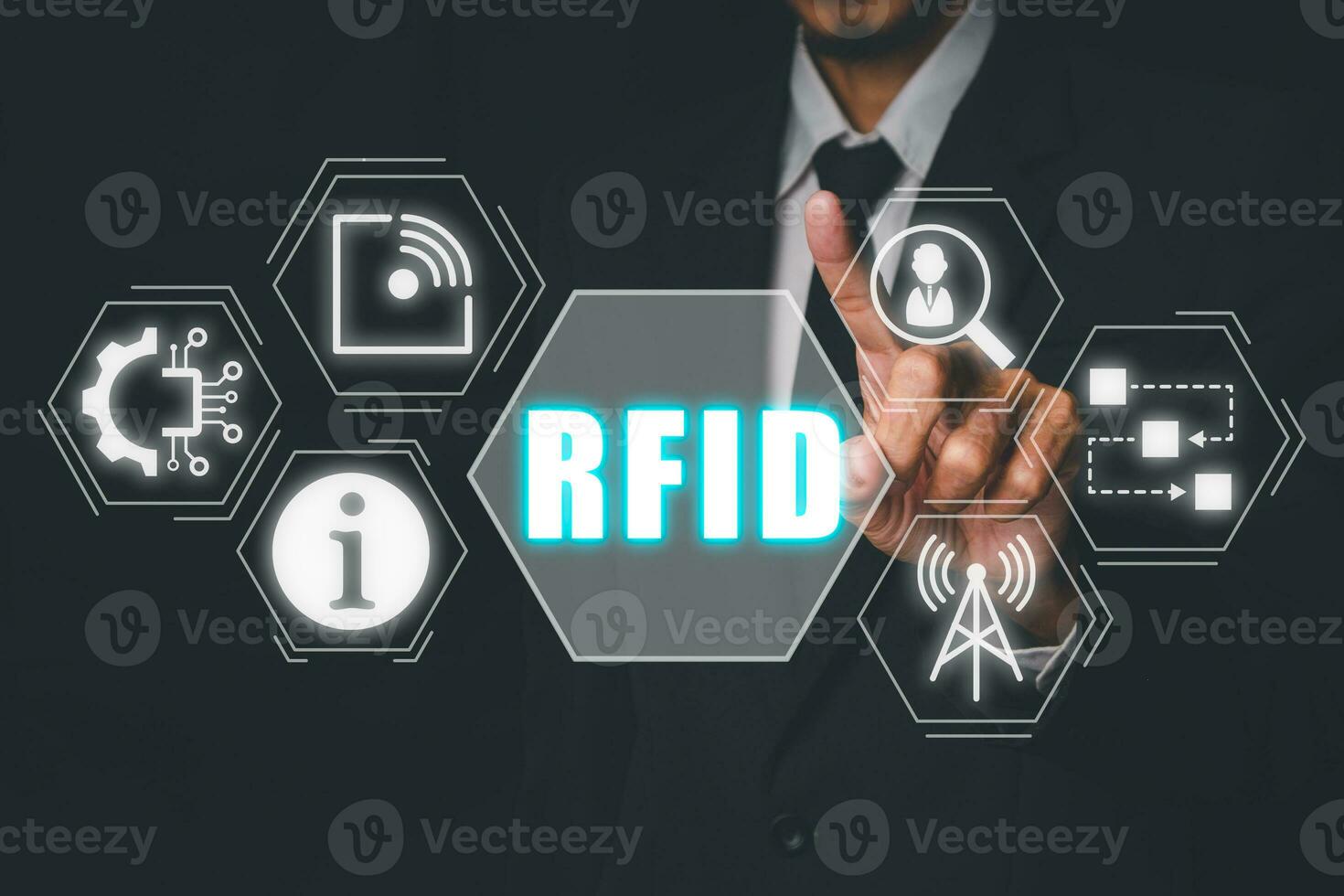 RFID, Radio frequency identification concept, Businessman hand touching Radio frequency identification icon on virtual screen. photo