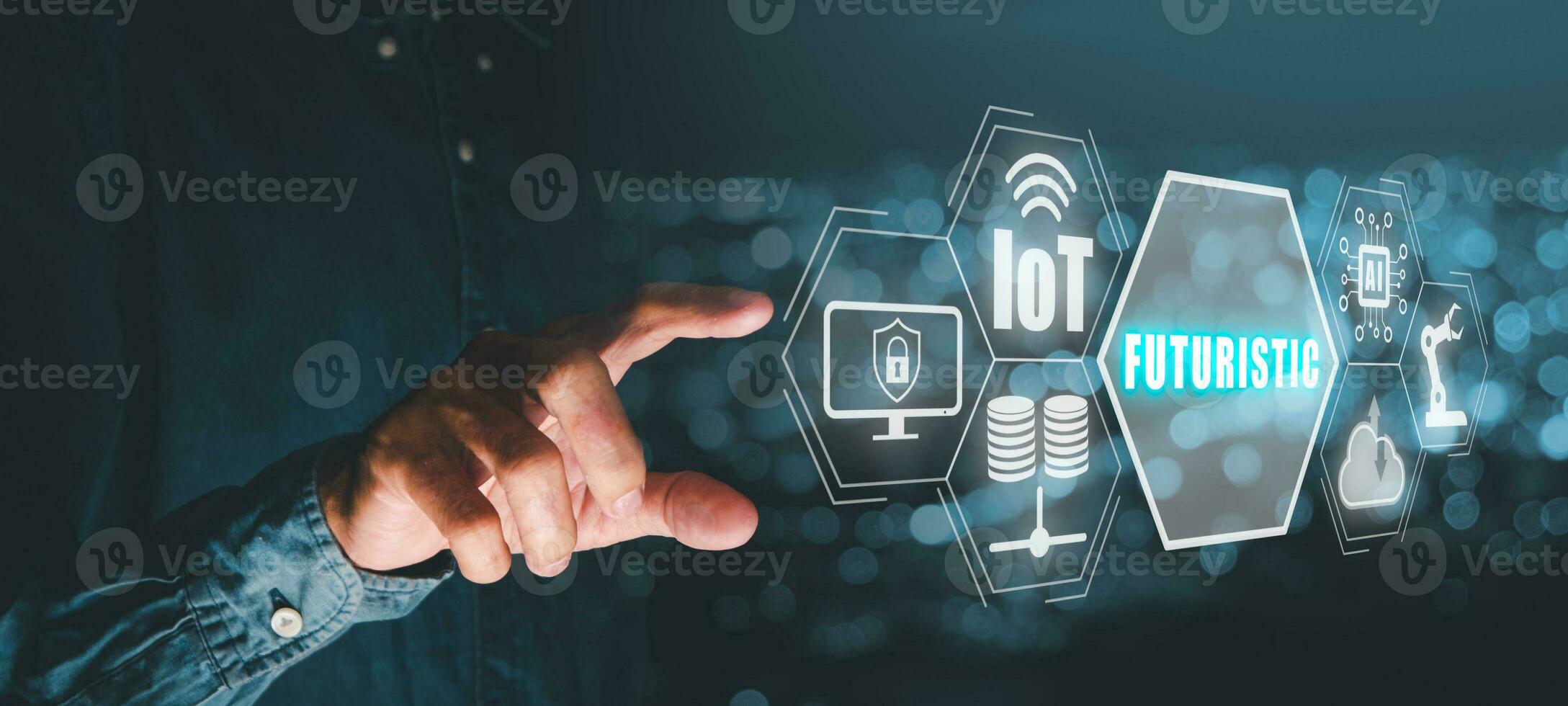 Futuristic concept, Person hand touching futuristic icon on virtual screen with blue bokeh background, IOT, cyber security, big data, Cloud computing, Ai, and automation photo