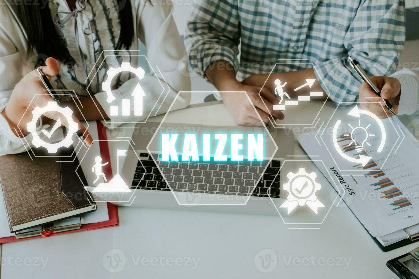 KAIZEN concept, Business person team working on analyzing financial data with kaizen icon on virtual screen, Business philosophy and corporate strategy concept of continual photo