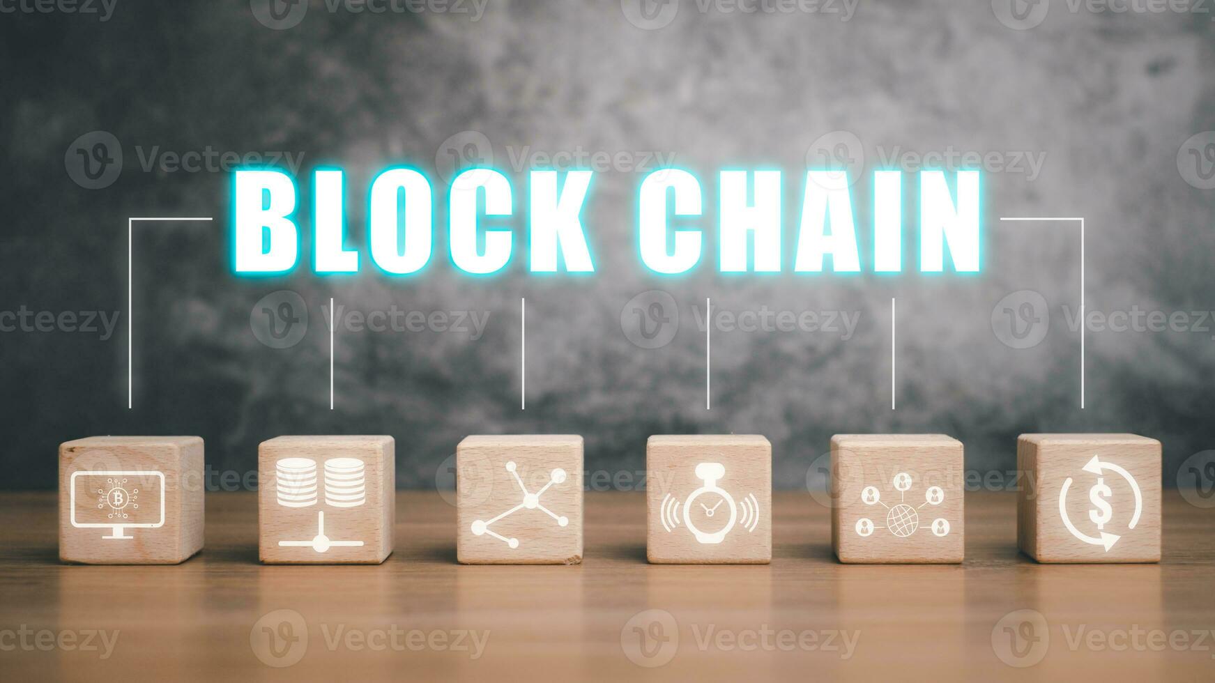 Blockchain technology concept, Wooden block on wooden desk with blockchain icon on vr screen, Fintech concept with encrypted ledger blocks chained. photo
