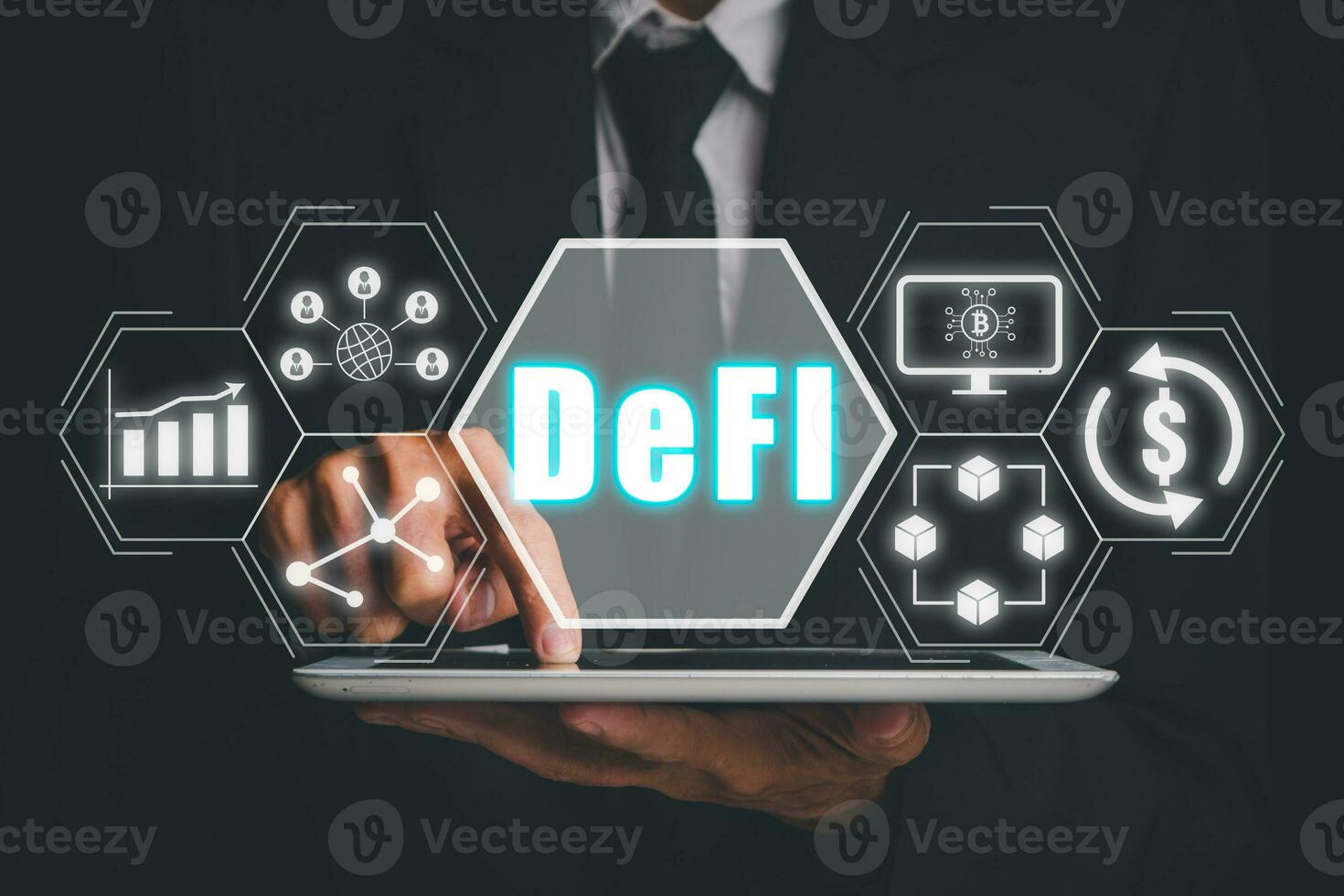 DeFi, Decentralized Finance concept, Businessman working on tablet with decentralized Finance icon on virtual screen, Concept of blockchain, decentralized financial system photo