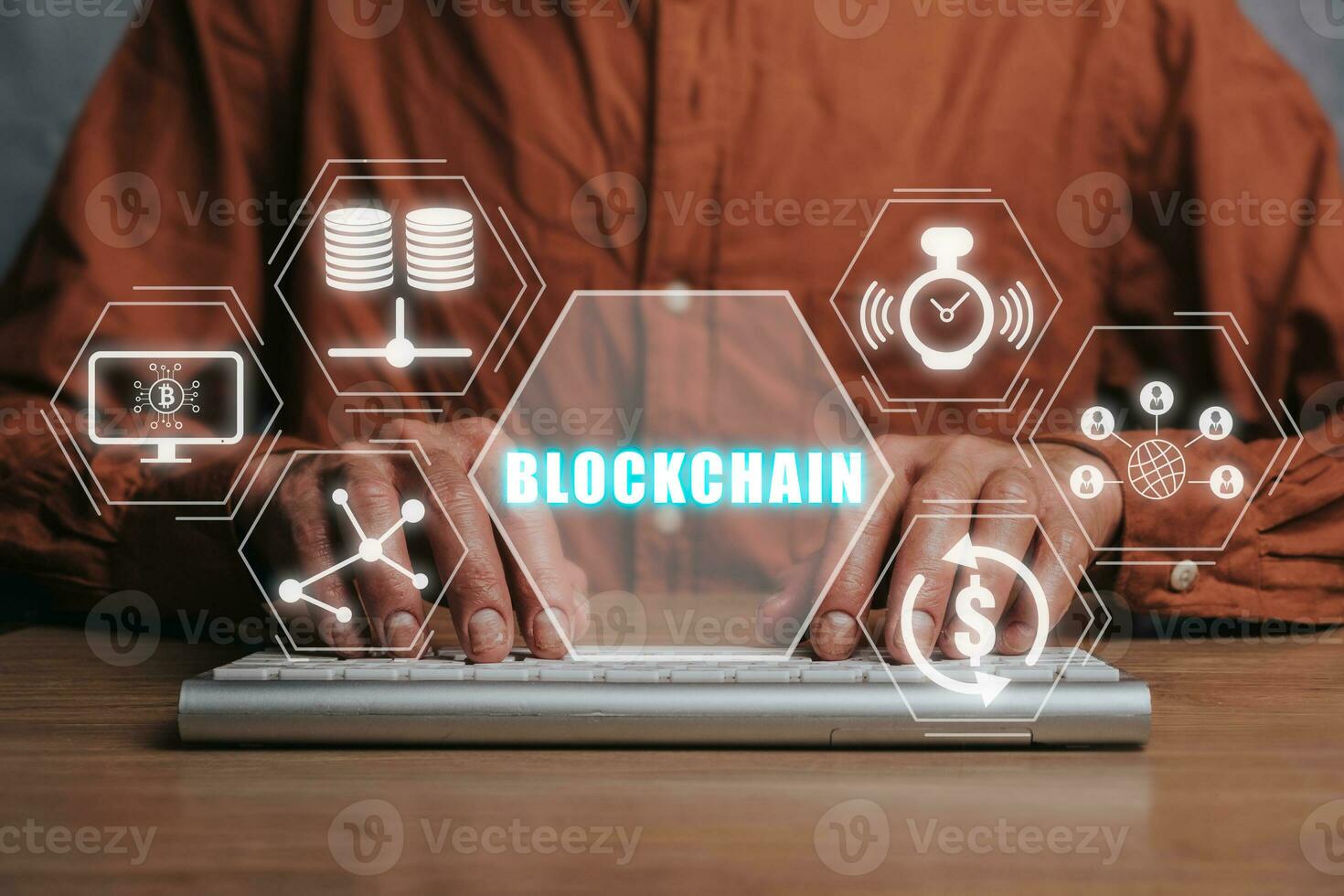 Blockchain technology concept, Person hand typing keyboard computer with blockchain icon on virtual screen, Fintech concept with encrypted ledger blocks chained. photo