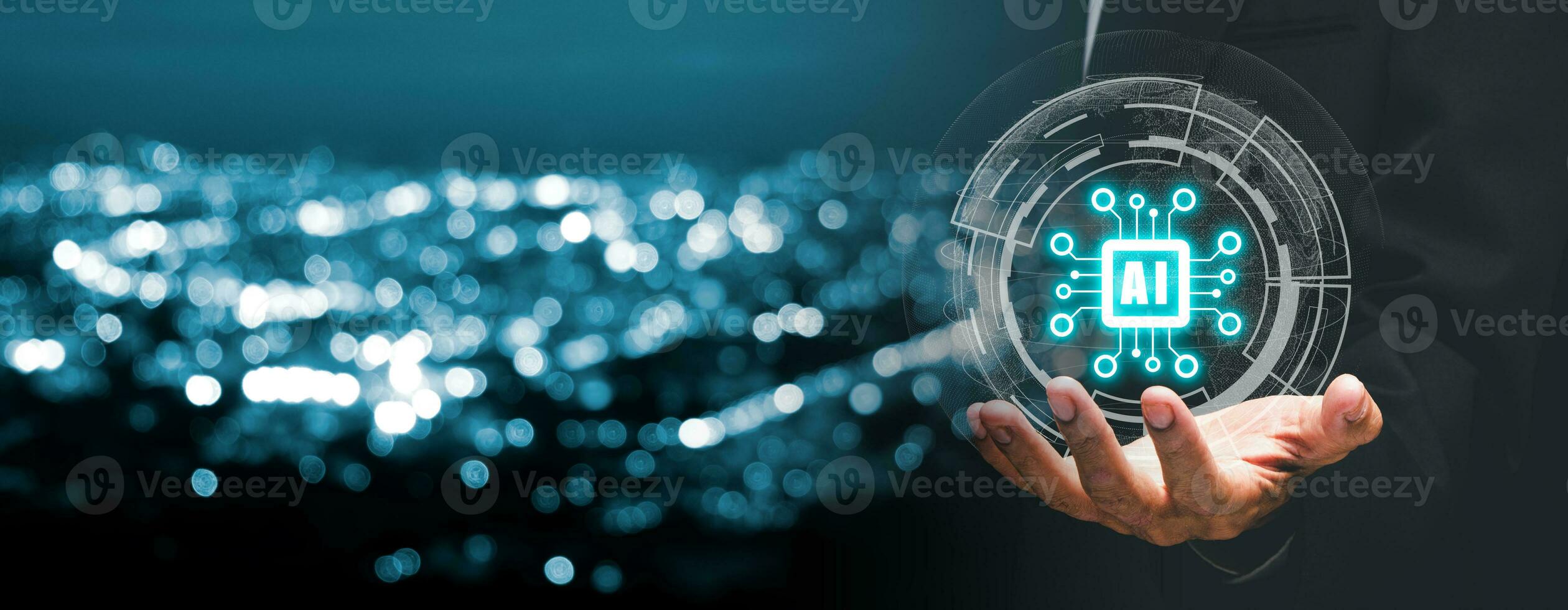Artificial Intelligence AI, Person hand holding holographic brain Artificial Intelligence icon from the screen, Internet of Things IoT concept. photo