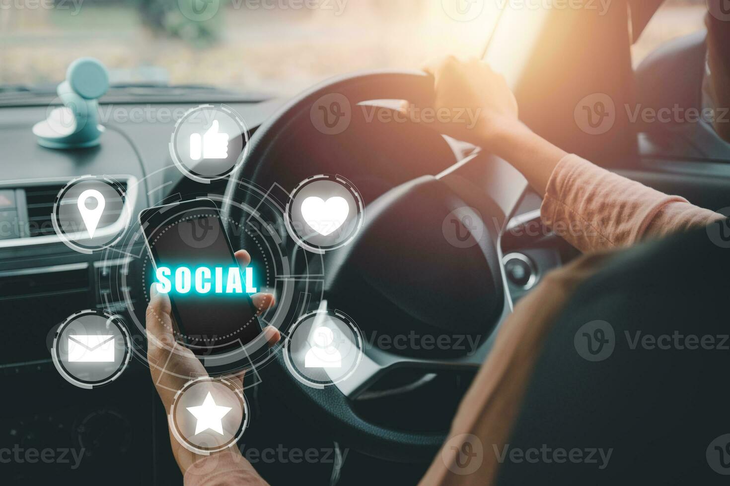 Woman using smart phone on car with copy space, Social, media, Marketing concept. photo