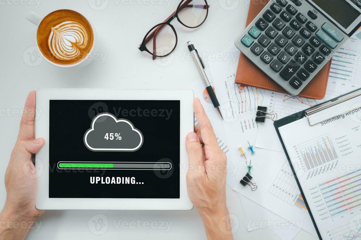 Upload data concept, Person hand using and waiting for cloud uploading on digital tablet, Data infomation, Technology network internet Concept. photo