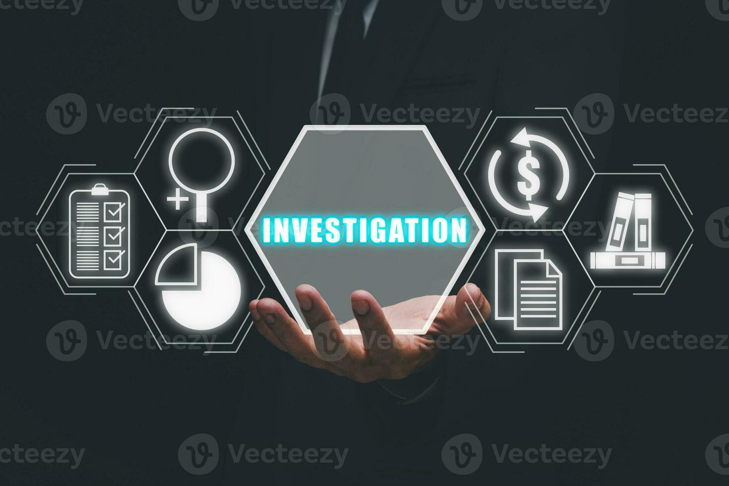 Investigation concept, Businessman hand holding investigation icon on virtual screen. photo