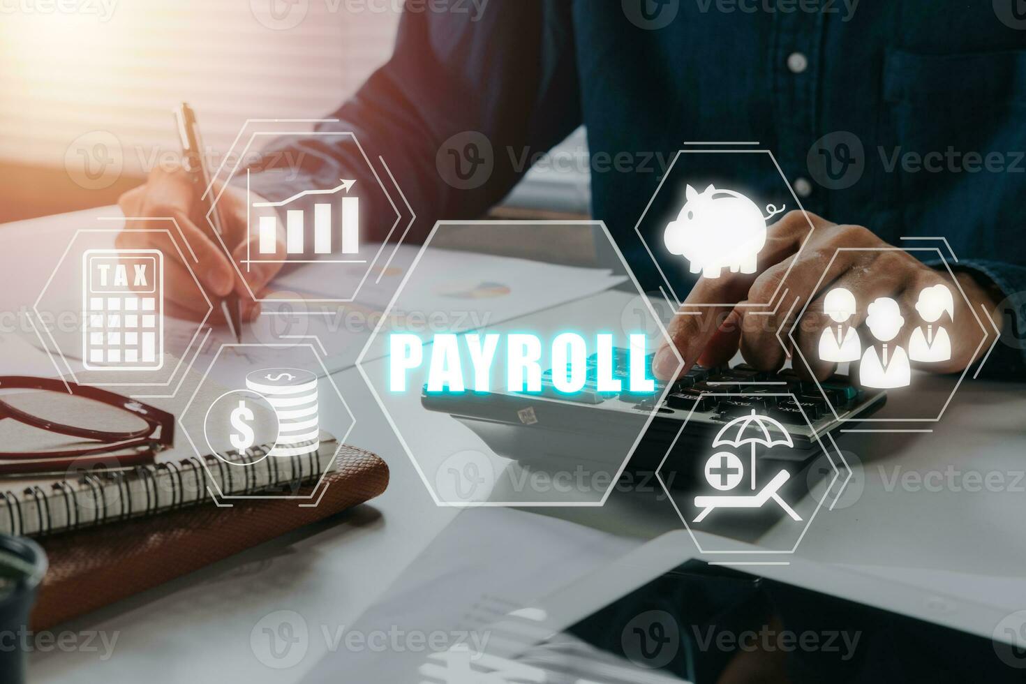 Payroll business finance concept, Businessman analyzing financial data with Payroll icon on VR screen, Financial, accounting. photo