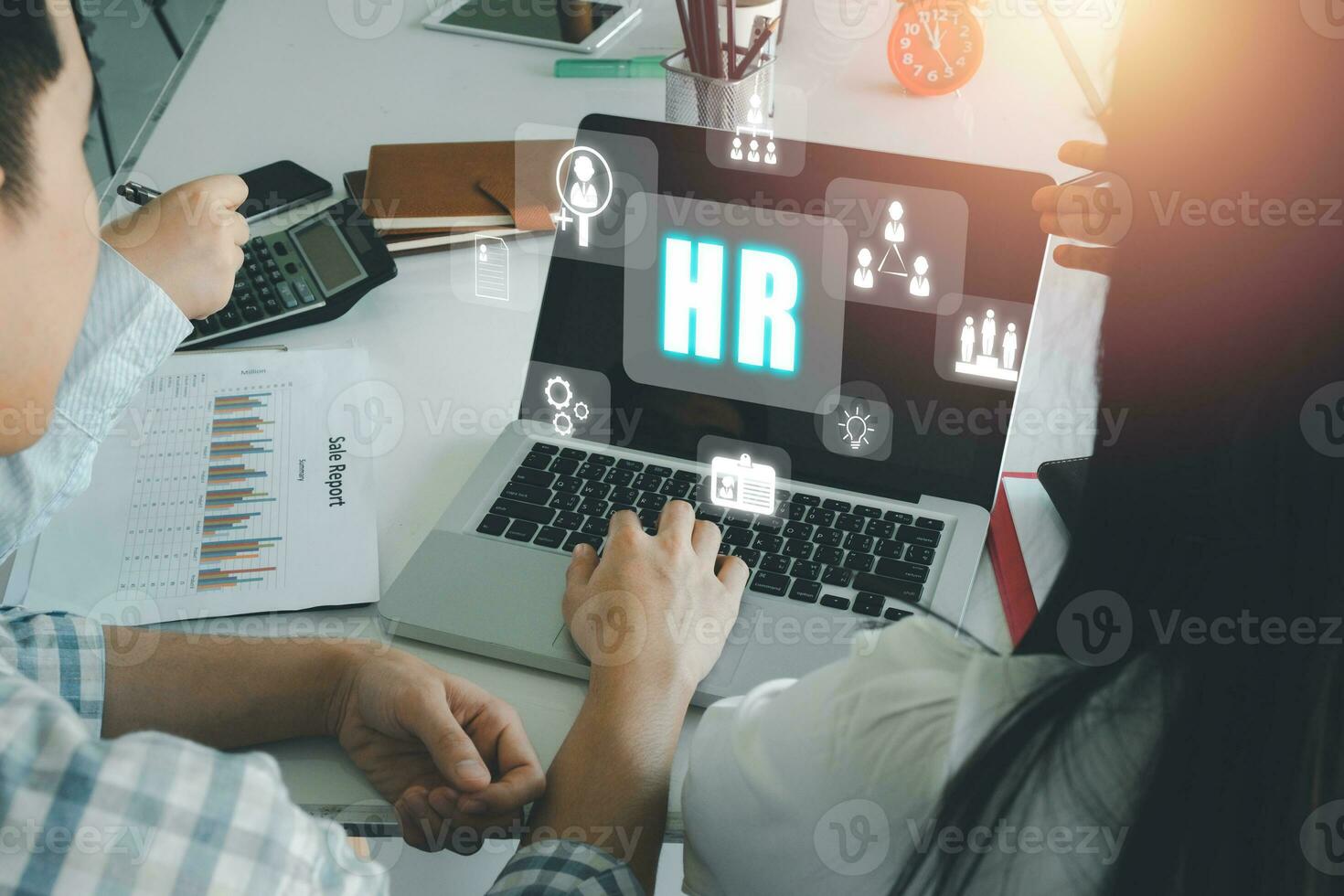 Business team hand pointing for selection human resource on a virtual screen interface to company. Human resource management, HR, recruitment, leadership and teambuilding,... photo