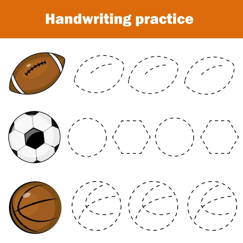 Handwriting practice sheet. Educational children game, printable worksheet for kids. Writing training printable worksheet. Sports theme. vector