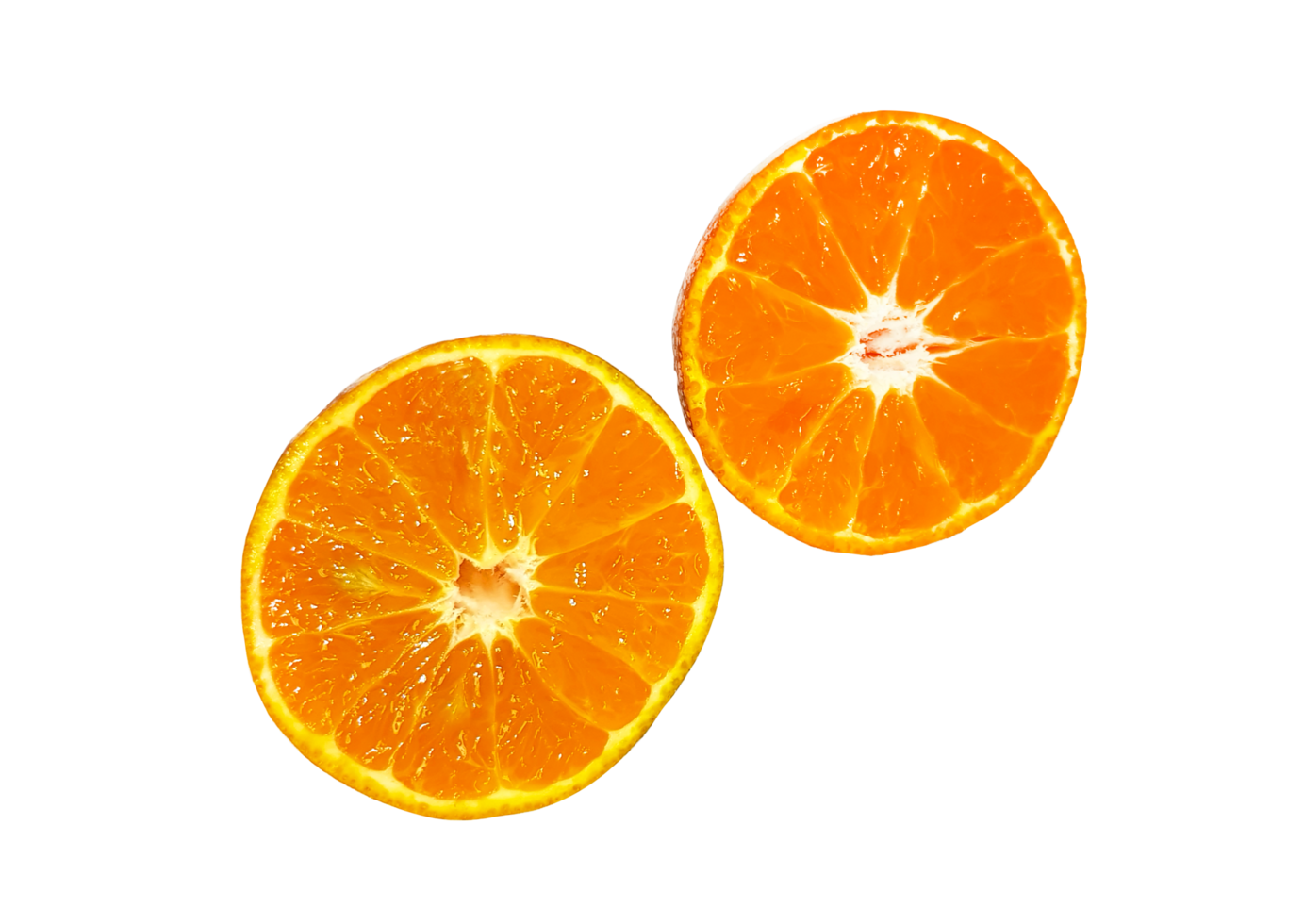 Two half piece slice of fresh orange isolated on transparent background with clipping path. Freshness fruit. Tropical, Summer and healthy food. png with transparency