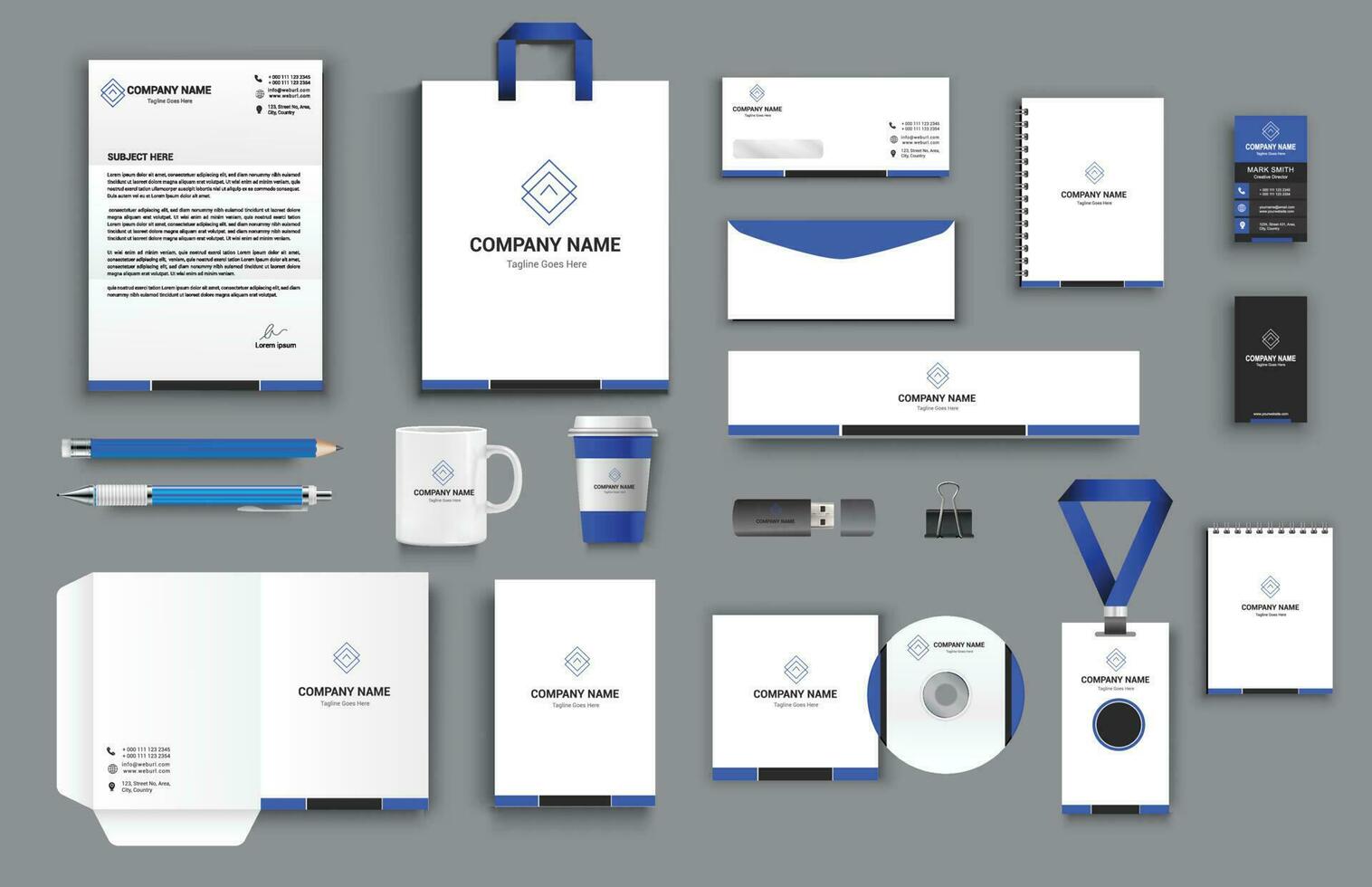 office business stationary set in blue black white color vector design with letter head envelop folder id card notepad dvd cover usb paper clip pen pencil cups business card shopper