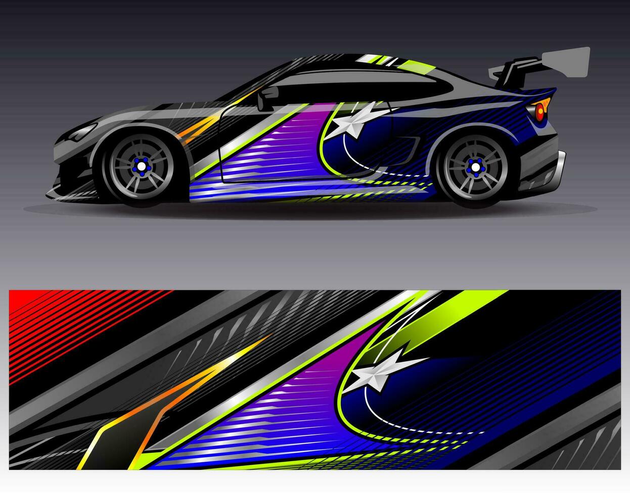 vector de diseño de envoltura de coche. Diseños de kits de fondo de carreras de franjas abstractas gráficas para envolver vehículos carrera de autos rally aventura y librea