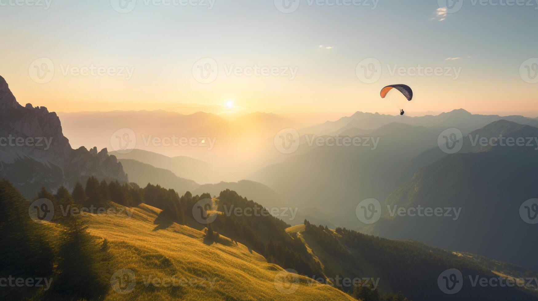 Paragliding. A paraglider flies over a mountain landscape. . photo